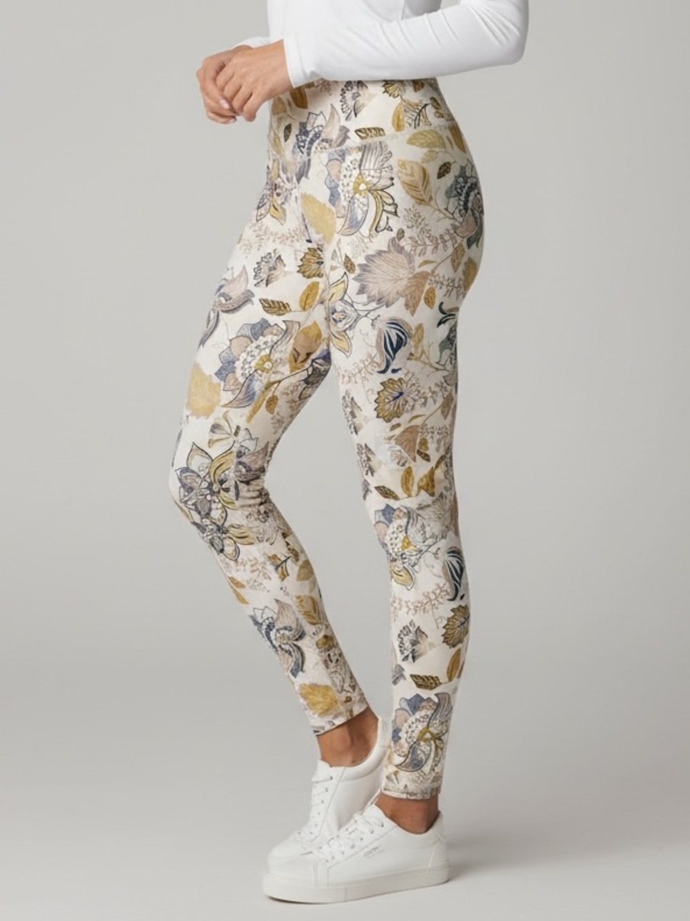 DYI Floral Leaf Print Leggings in Cream, Yellow and Gray